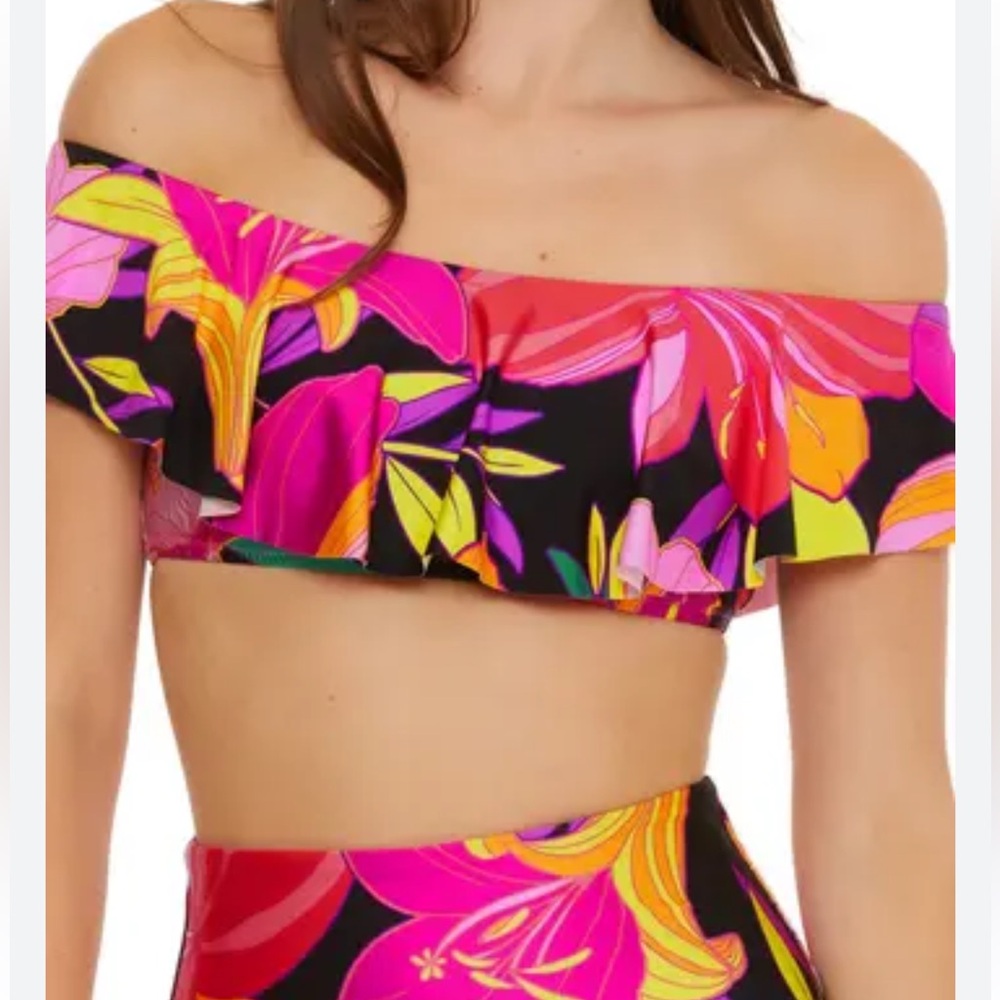 NWOT solar floral Ruffle off the shoulder bikini top